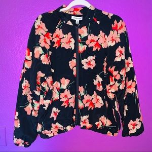 Silk Coral Red & Black Floral Bomber Jacket NWT 14